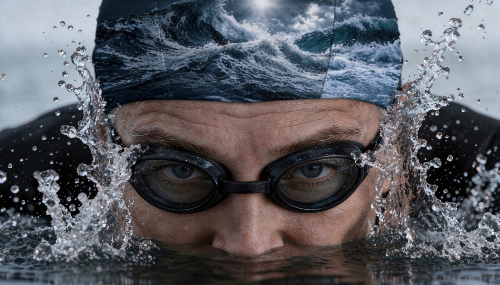 Close-up of a swimmer breaking the surface with intense focus