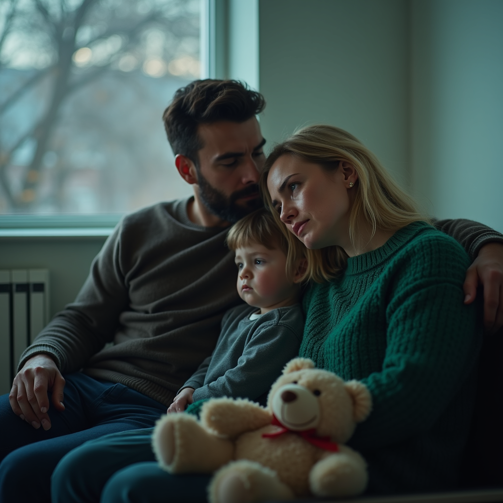 Family sitting together in anxious silence while waiting for news