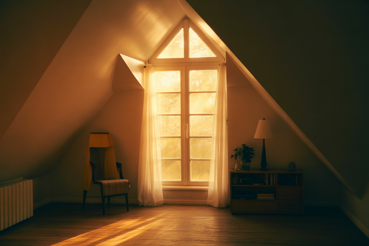 Warm light glowing through an A-framed window with sheer curtains