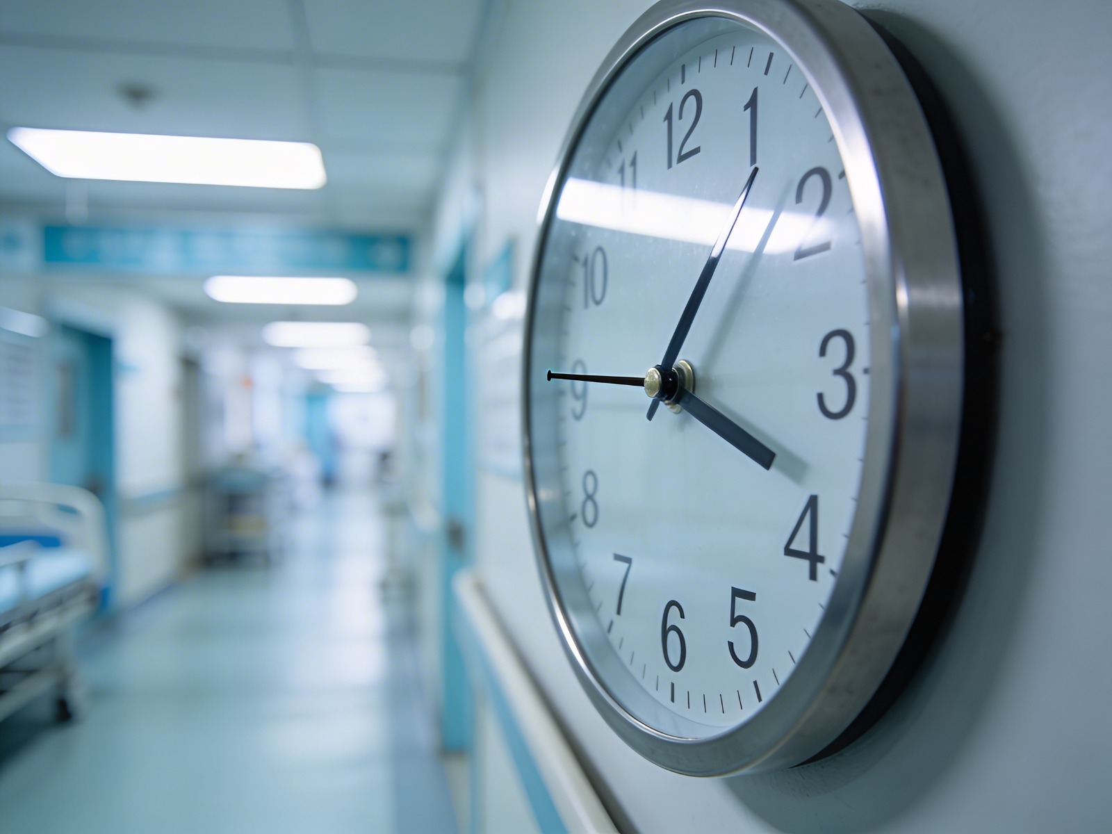 Hospital corridor clock marking the slow passage of time