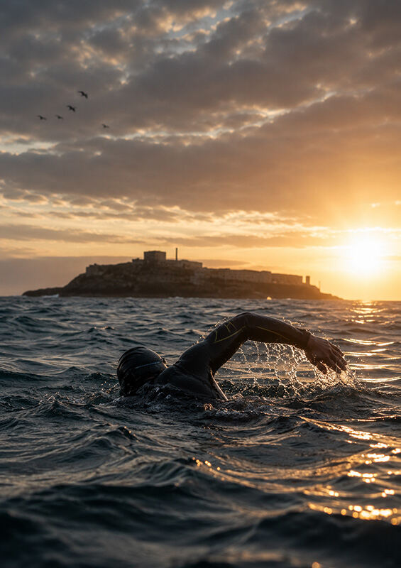 Swimmer in the open ocean at sunrise with Robben Island silhouetted behind