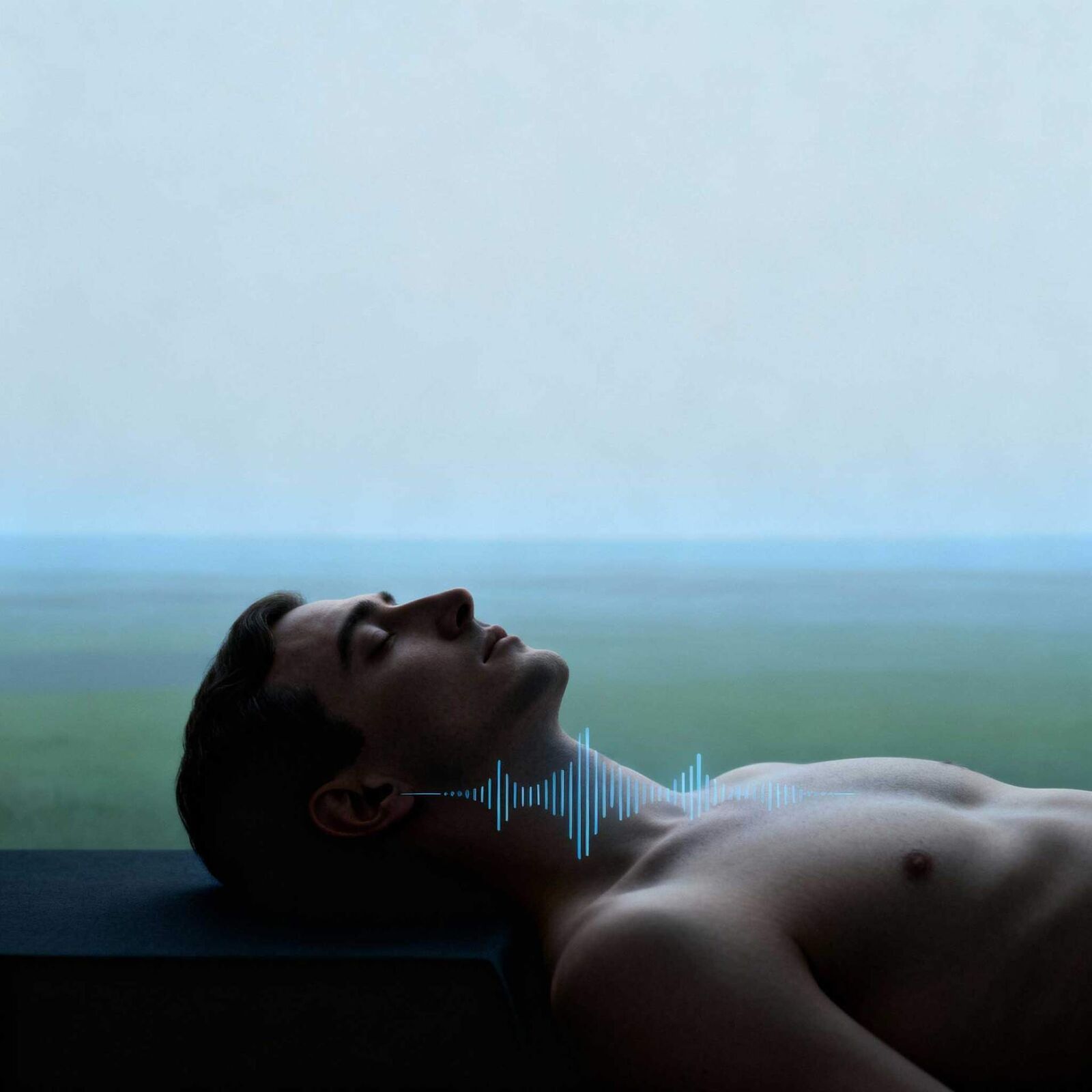 Relaxed figure lying back with gentle soundwave lines emanating from the throat
