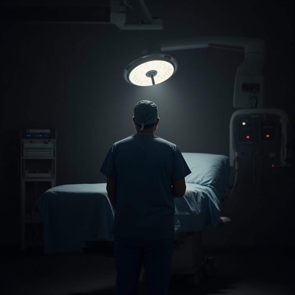 Surgeon standing alone in a dark operating theatre under a single overhead light
