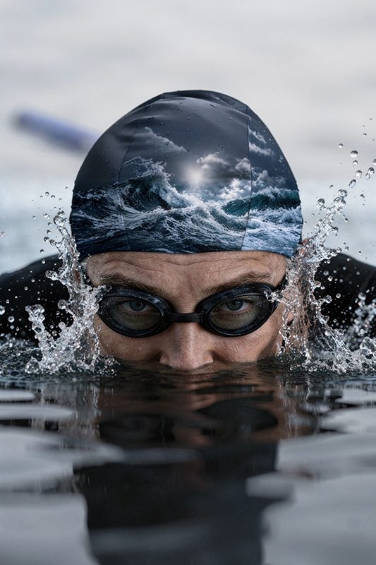 Portrait of a swimmer emerging through splashing cold water