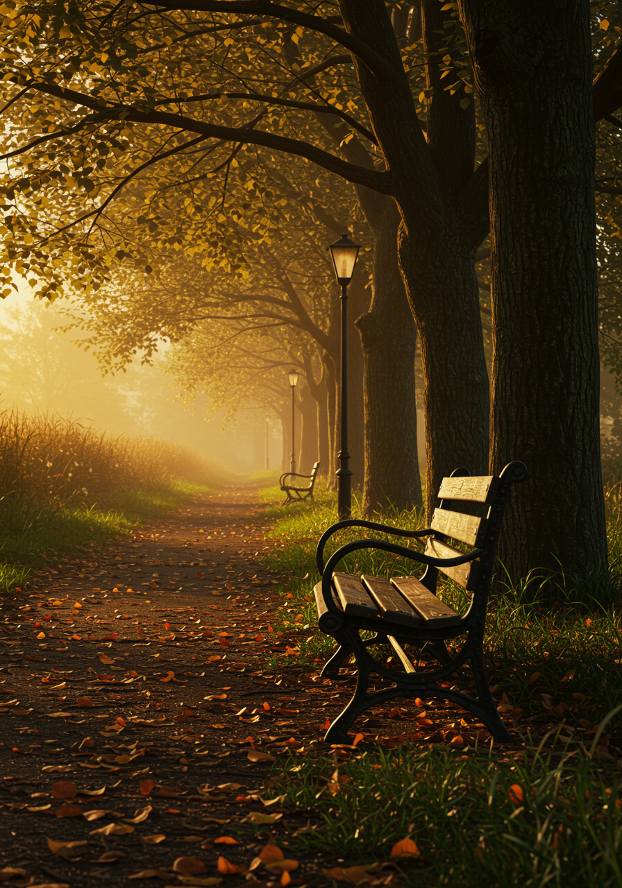 An old wooden bench on an autumn path lined with trees and lamplight