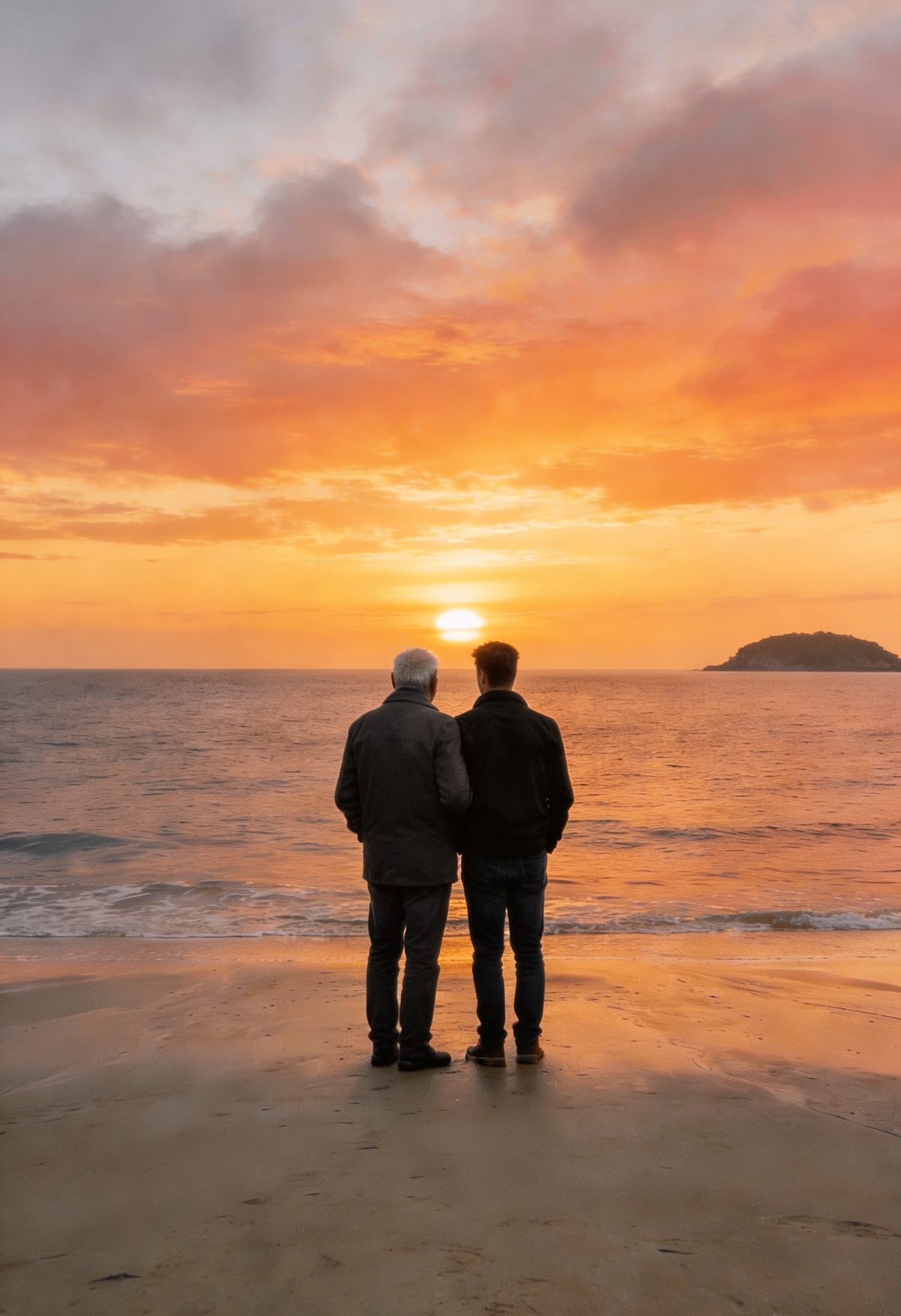 Two figures standing together at the shoreline at sunset