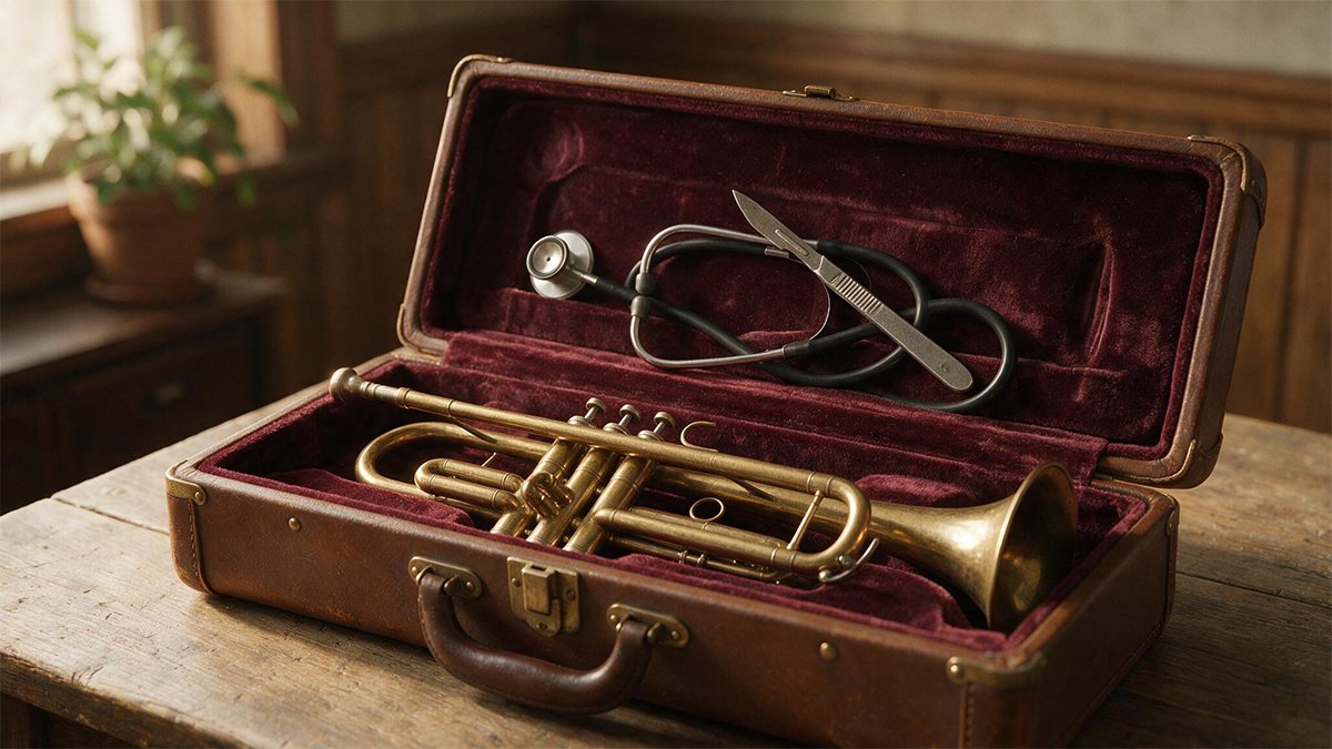 Trumpet case holding a stethoscope and scalpel, where medicine and music meet