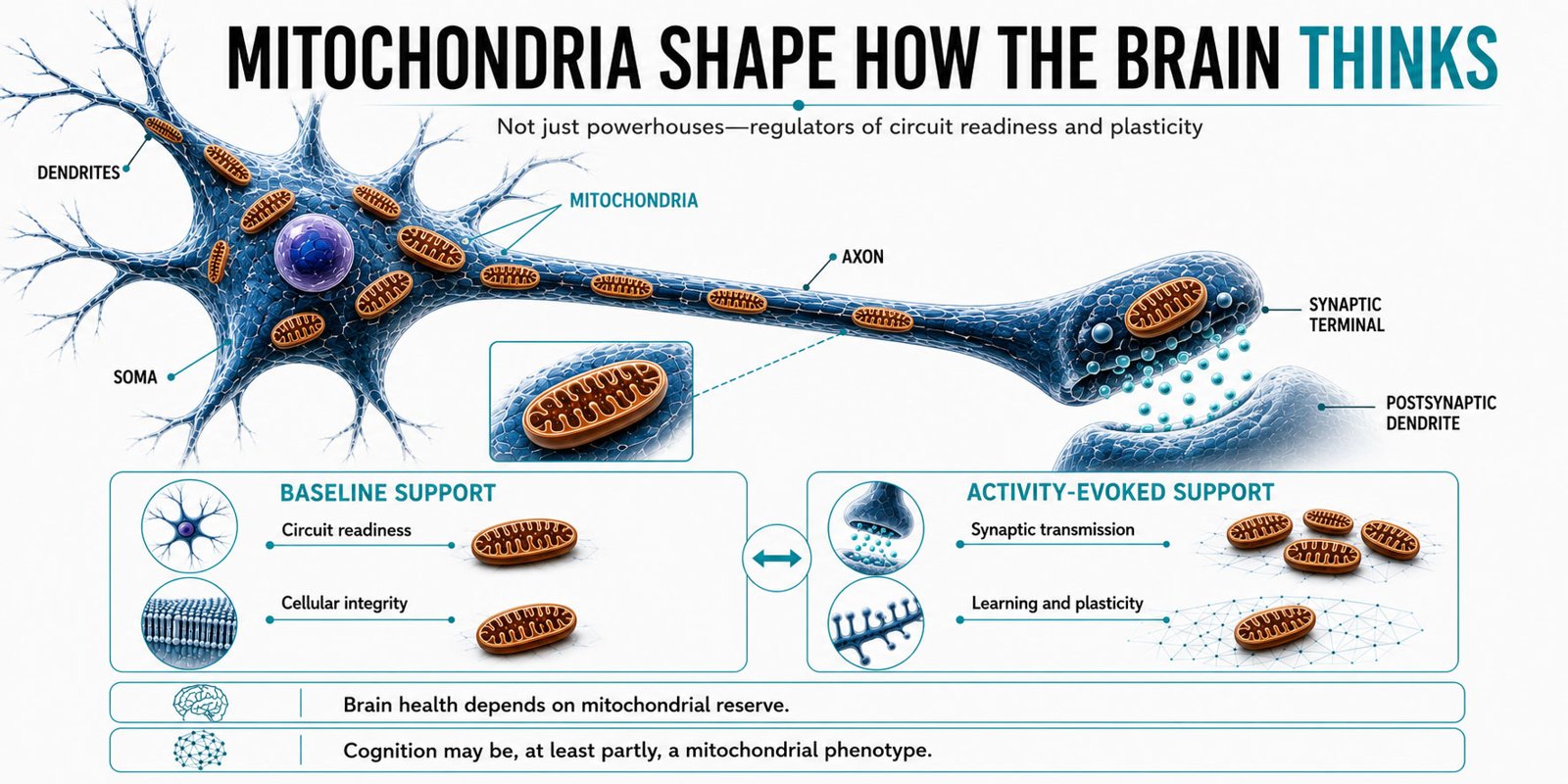 Infographic showing how mitochondria shape brain circuit readiness and plasticity