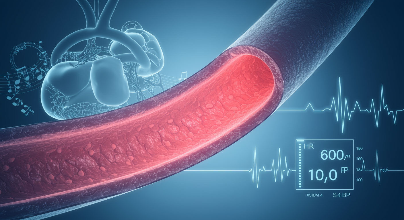 Cross-section of a blood vessel with musical notes flowing alongside a heartbeat trace