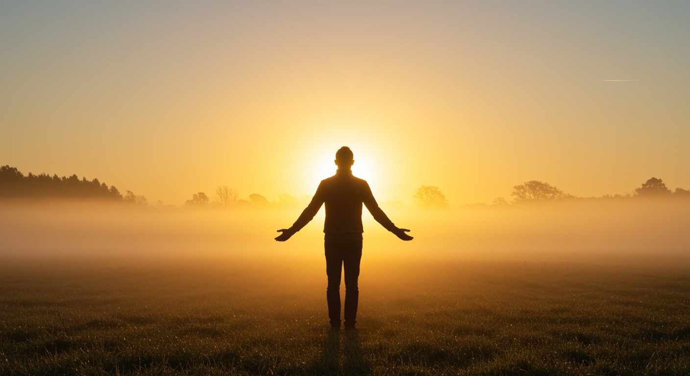 Silhouette of a figure with arms outstretched against a misty sunrise