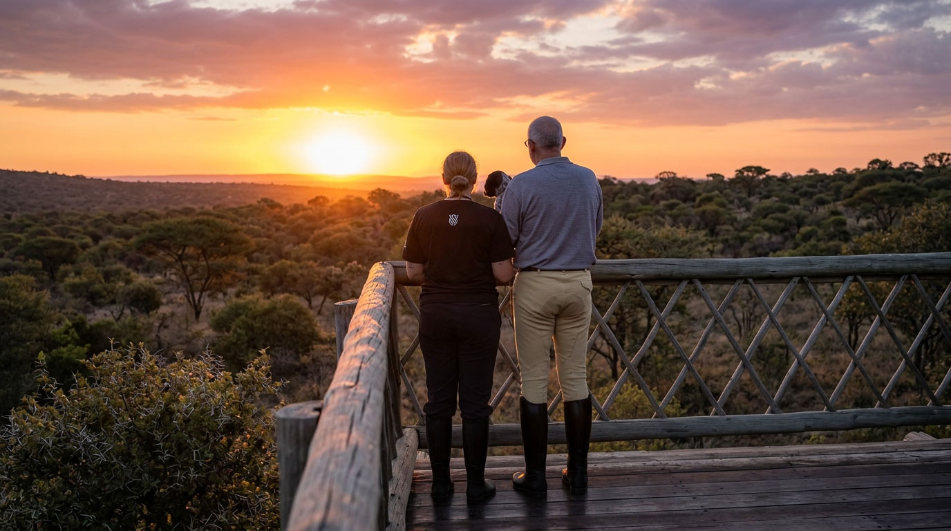 Father and daughter watching the sunset over the bushveld