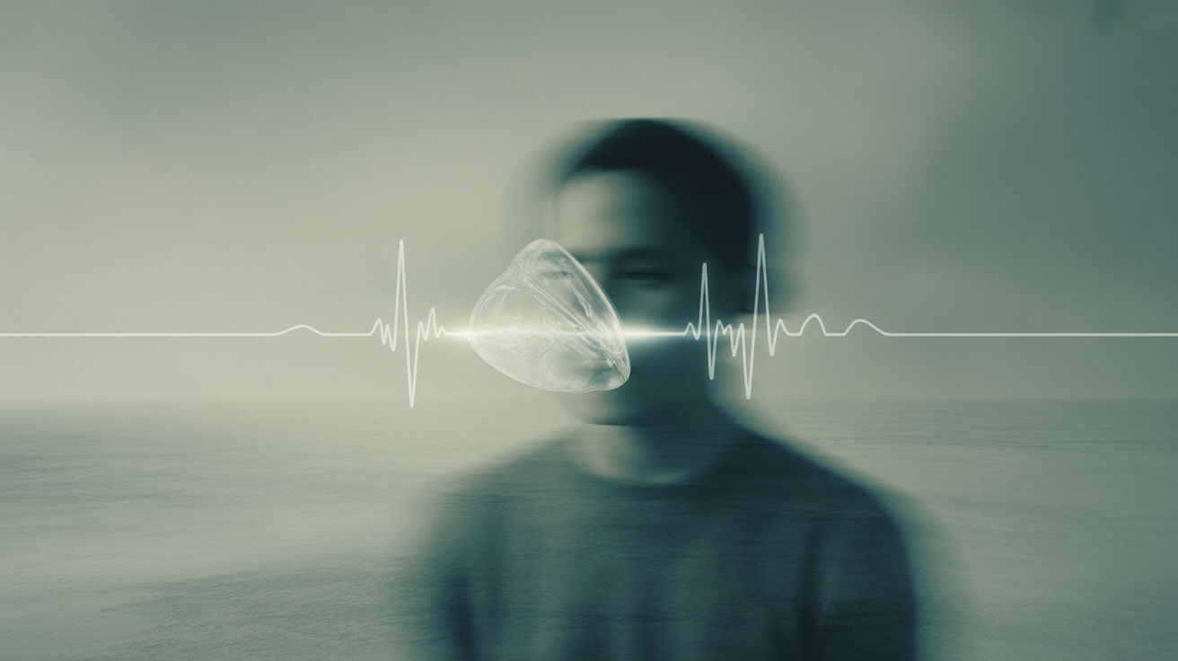 Soft-focus figure standing within a steady heartbeat line across a muted landscape