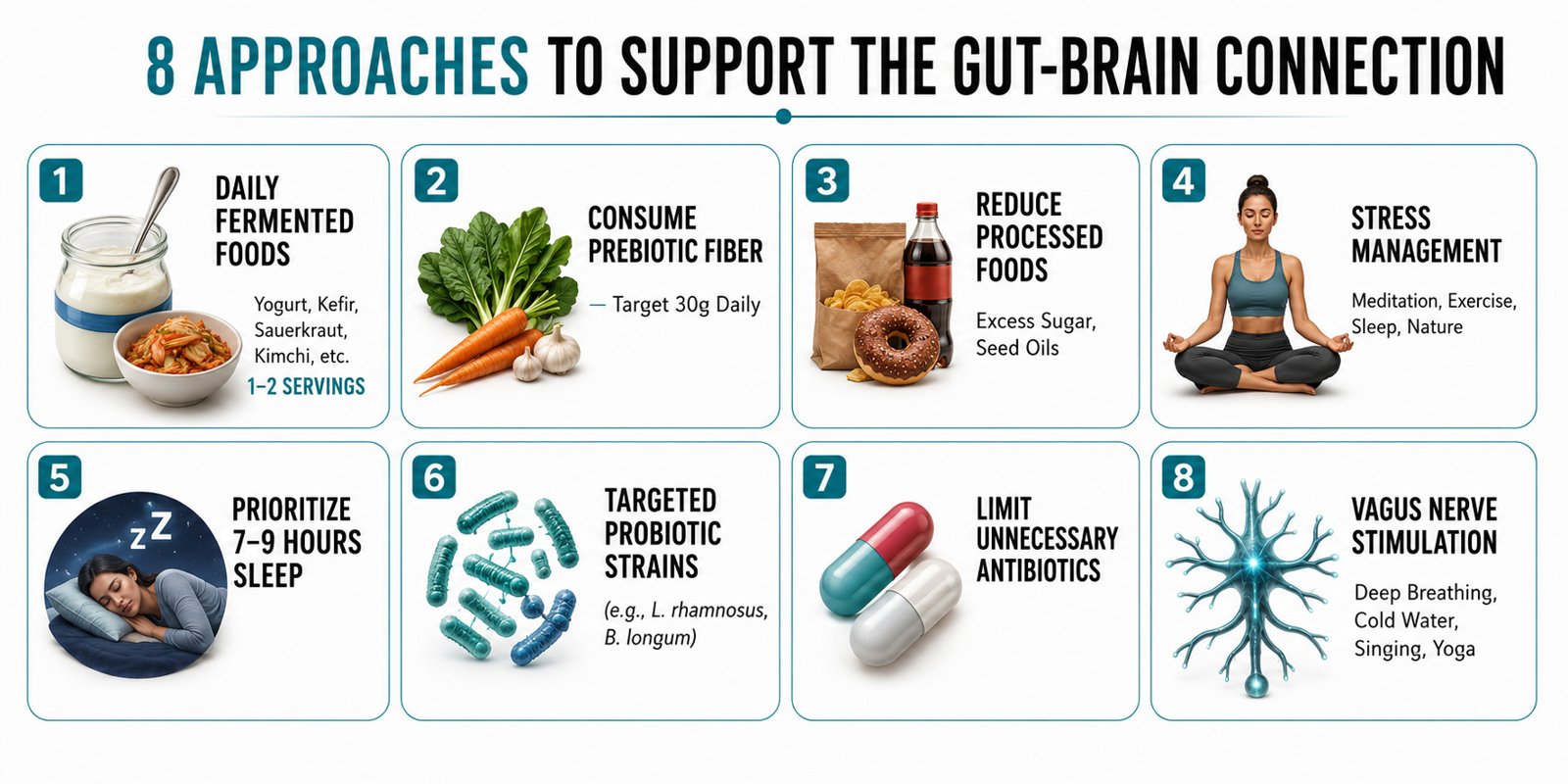 Infographic listing eight approaches to support the gut-brain connection