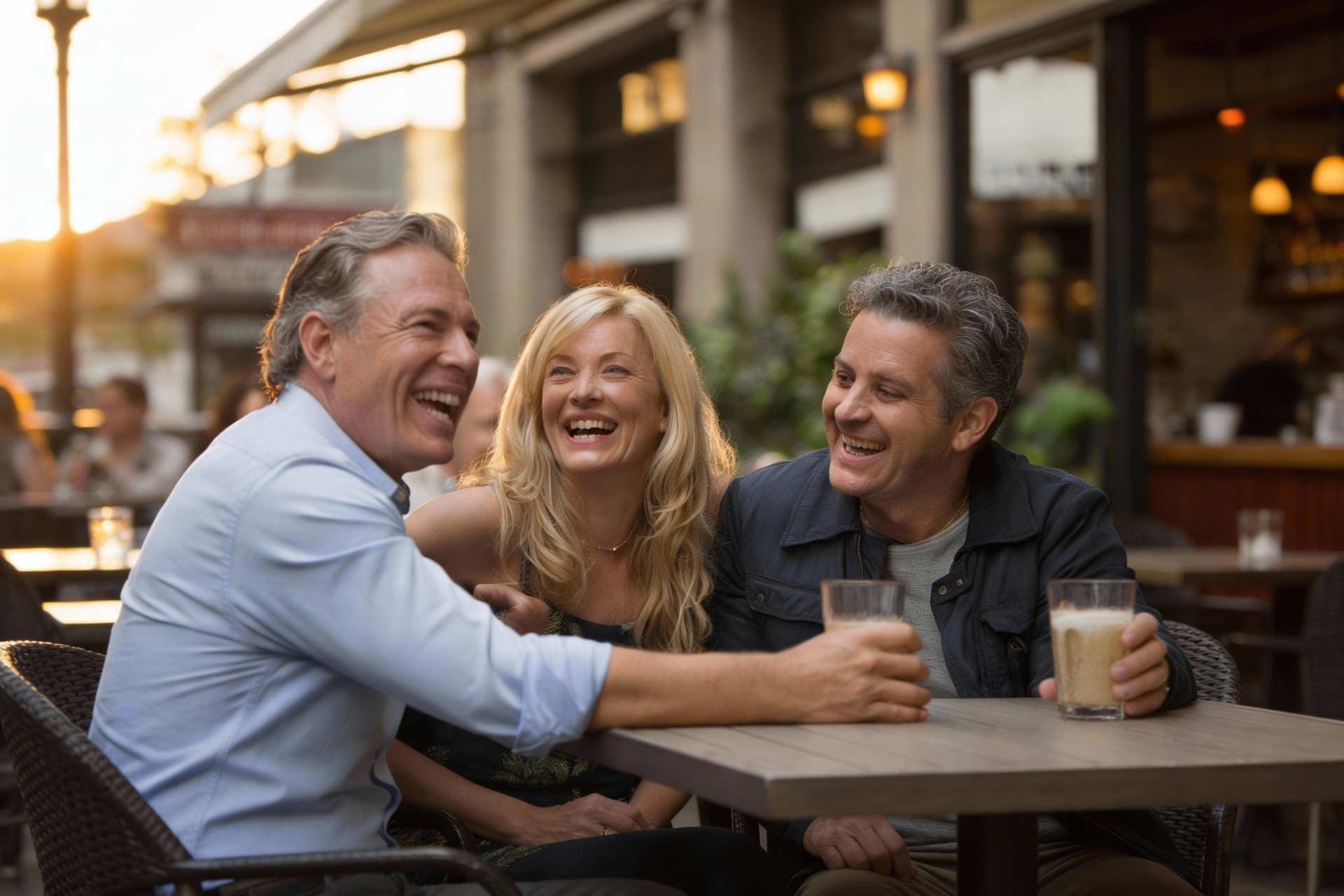 Old friends laughing together at an outdoor table at sunset