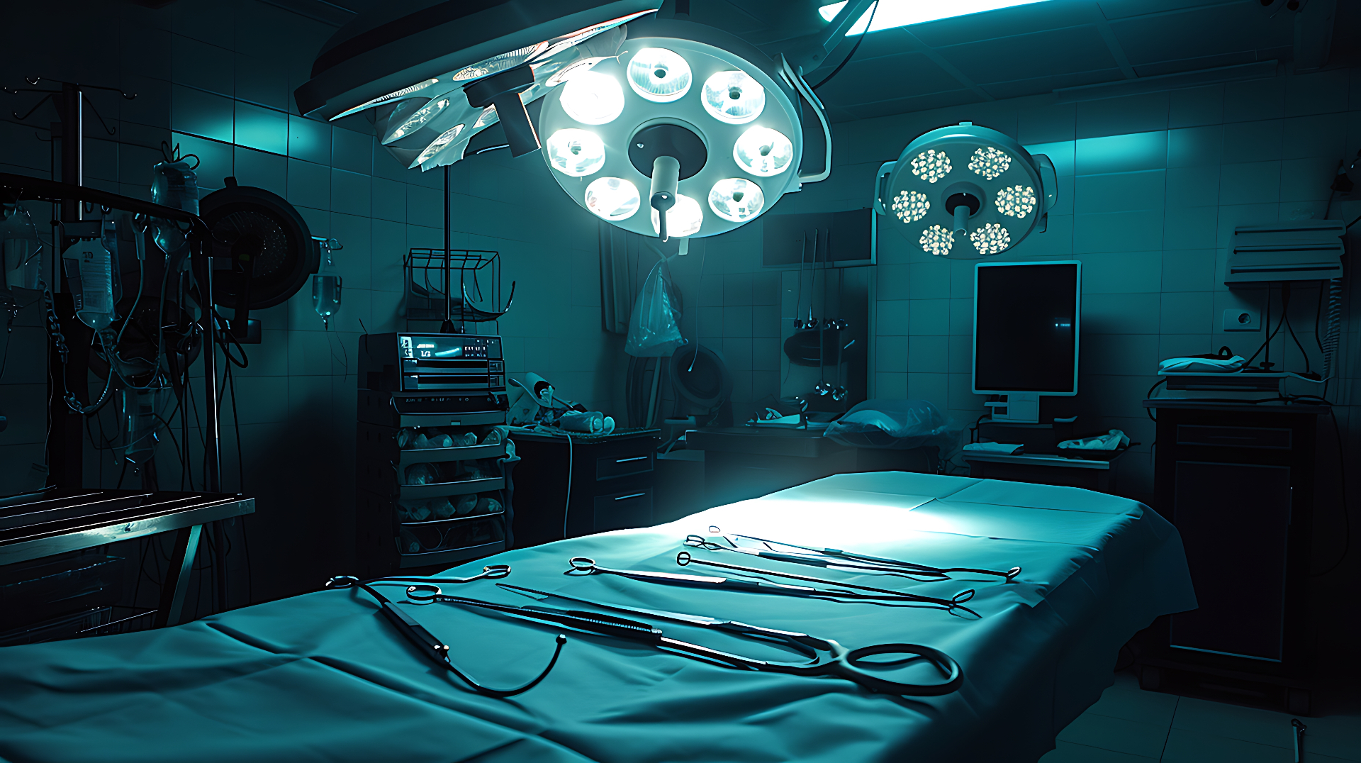 Empty operating theatre under cold blue light suggesting disbelief and despair