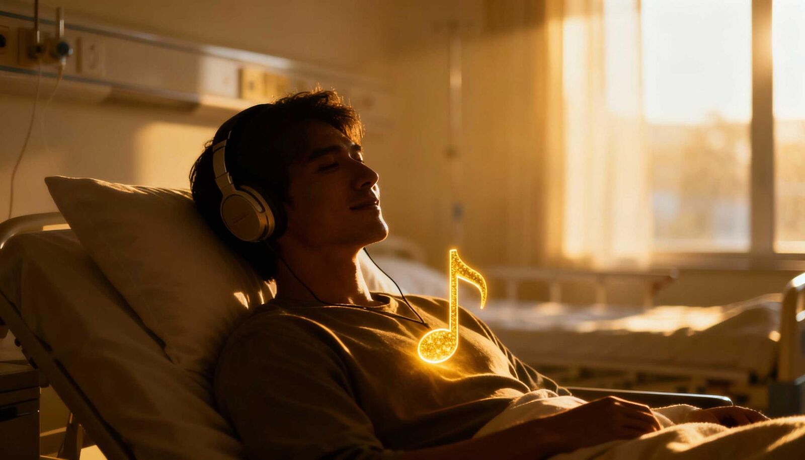 Patient in a sunlit hospital bed wearing headphones with a glowing musical note