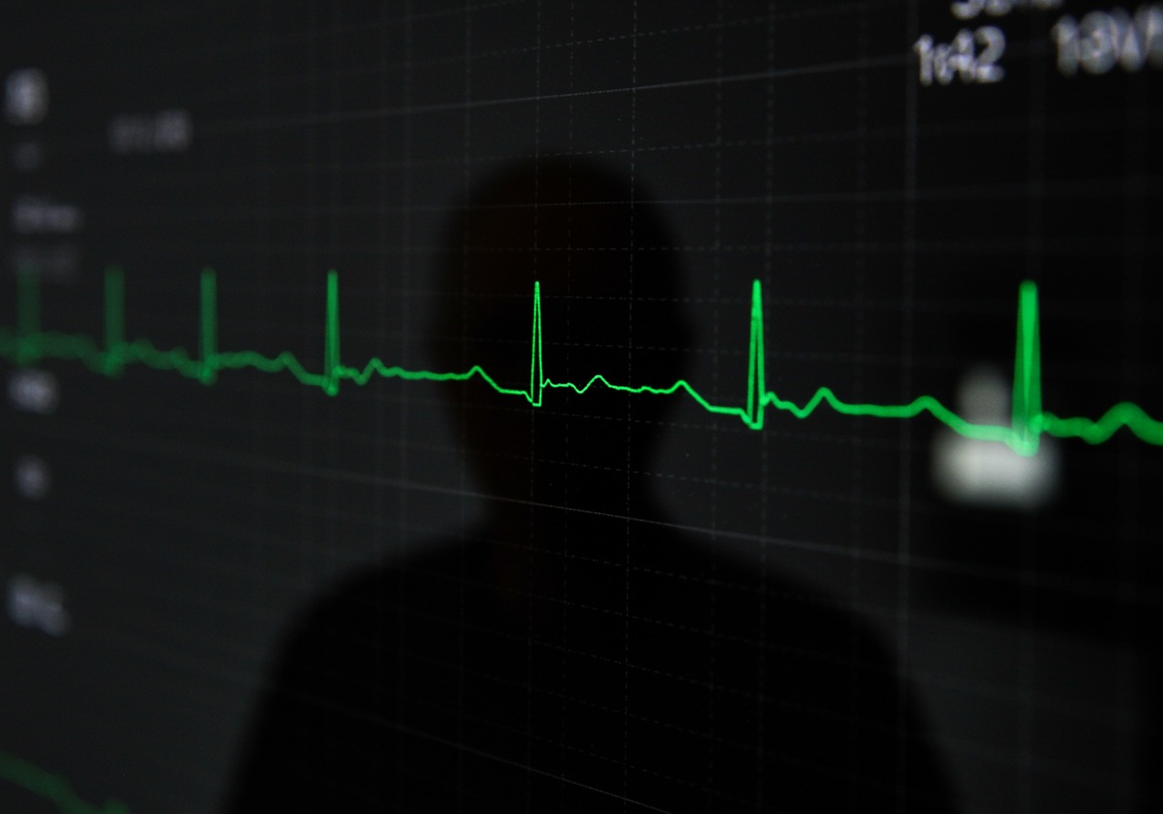Silhouette of a figure before a green ECG trace on a monitor