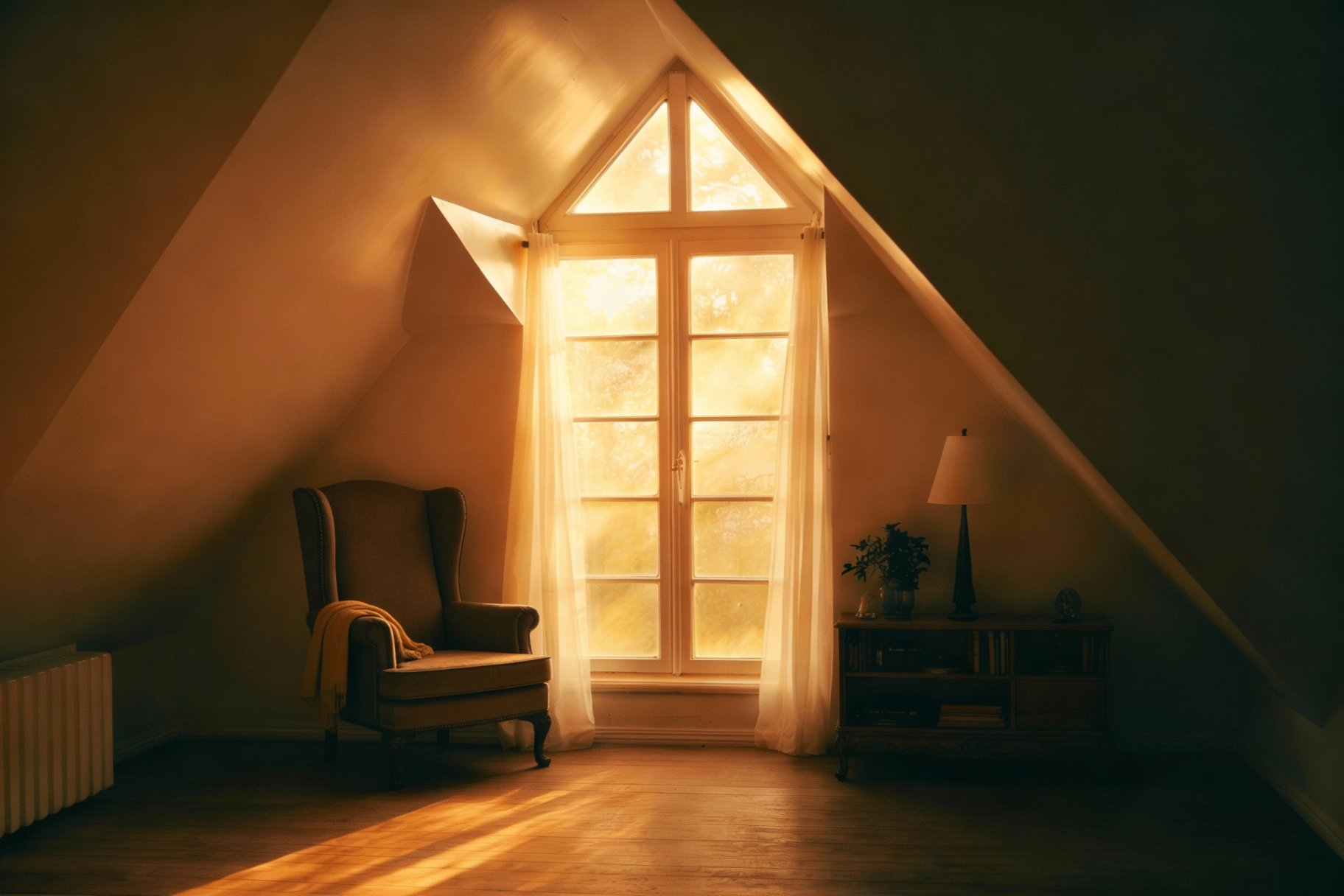 Sunlight streaming through an A-framed attic window with a wingback chair