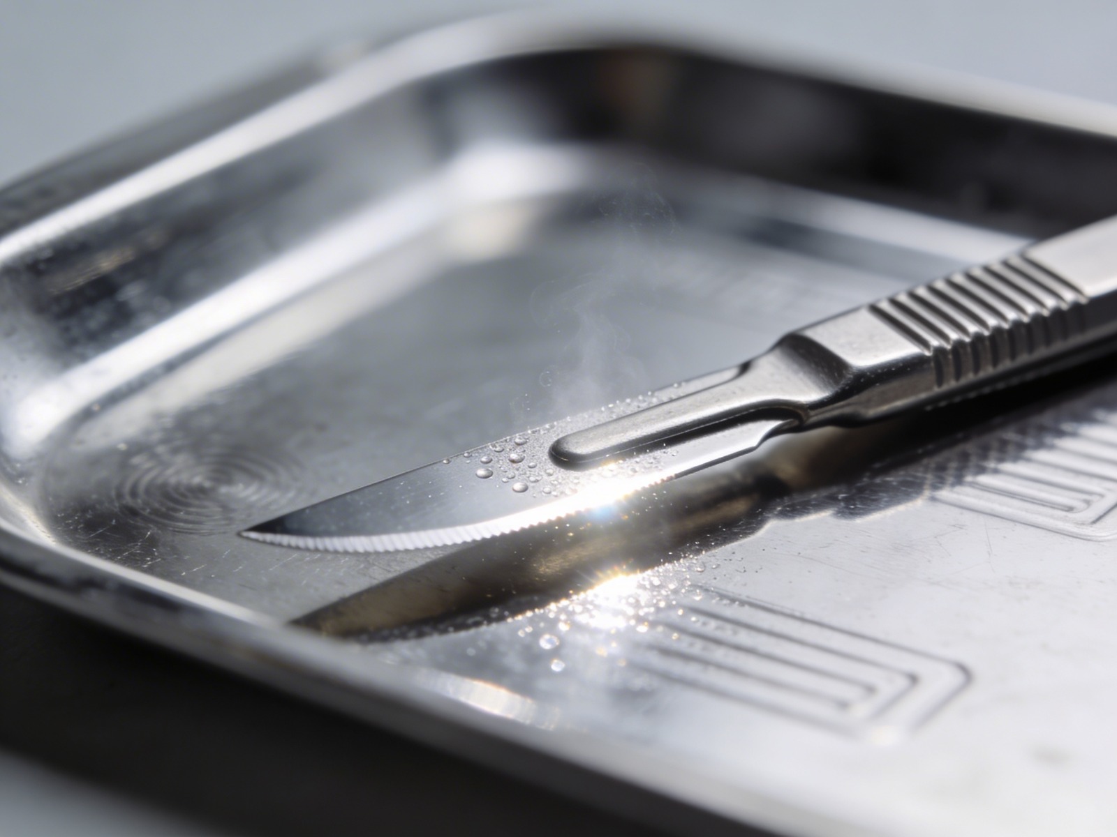 A single scalpel resting on a stainless steel surgical tray