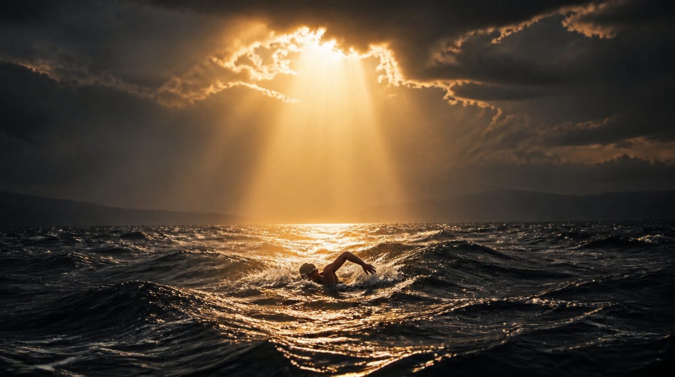 Single swimmer in open water under dramatic rays of light