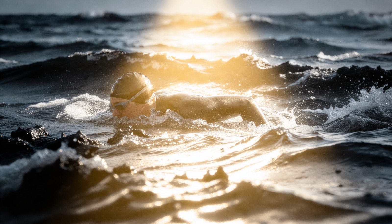 Open-water swimmer driving through dark swells at first light
