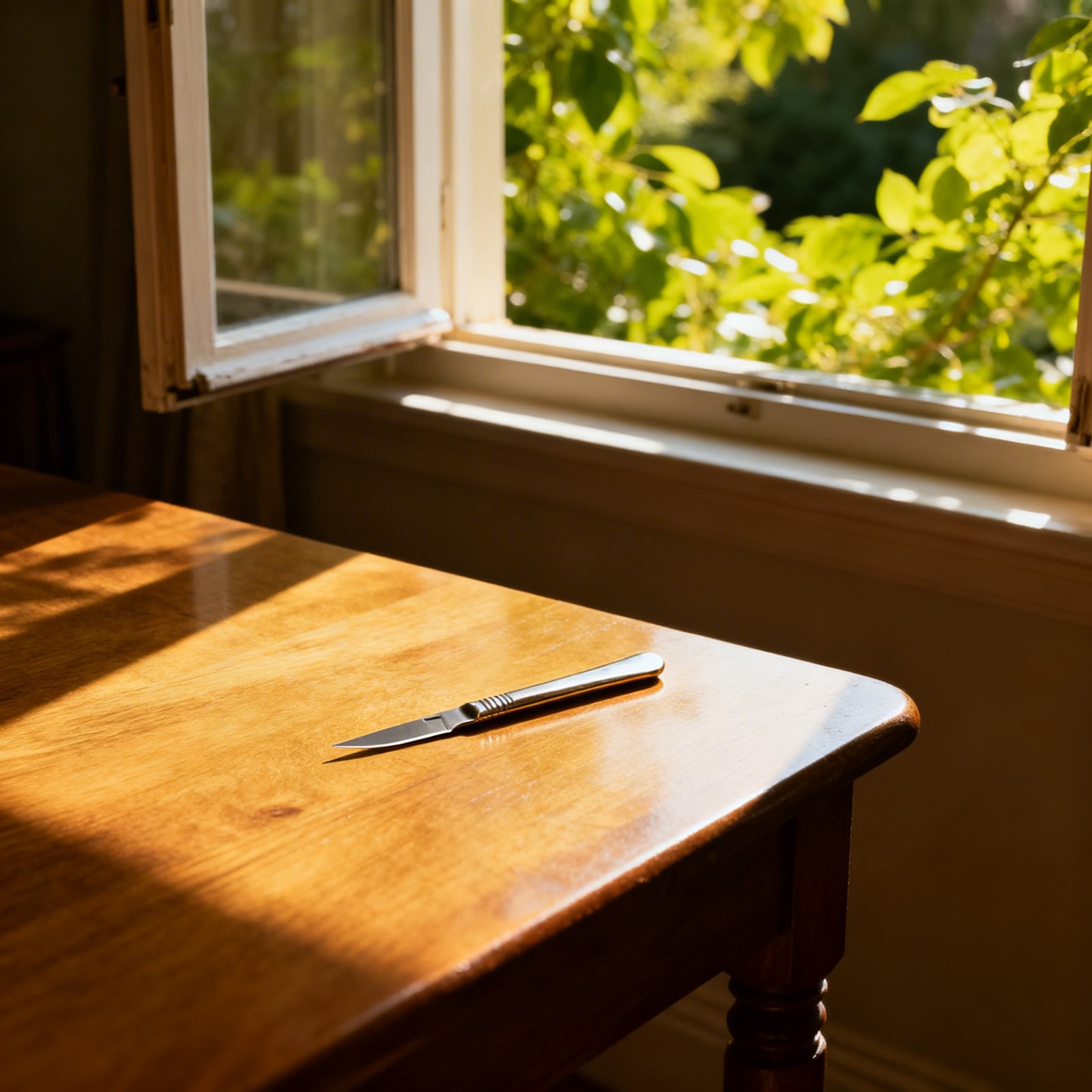 A surgeon's scalpel resting on a sunlit wooden table beside an open window