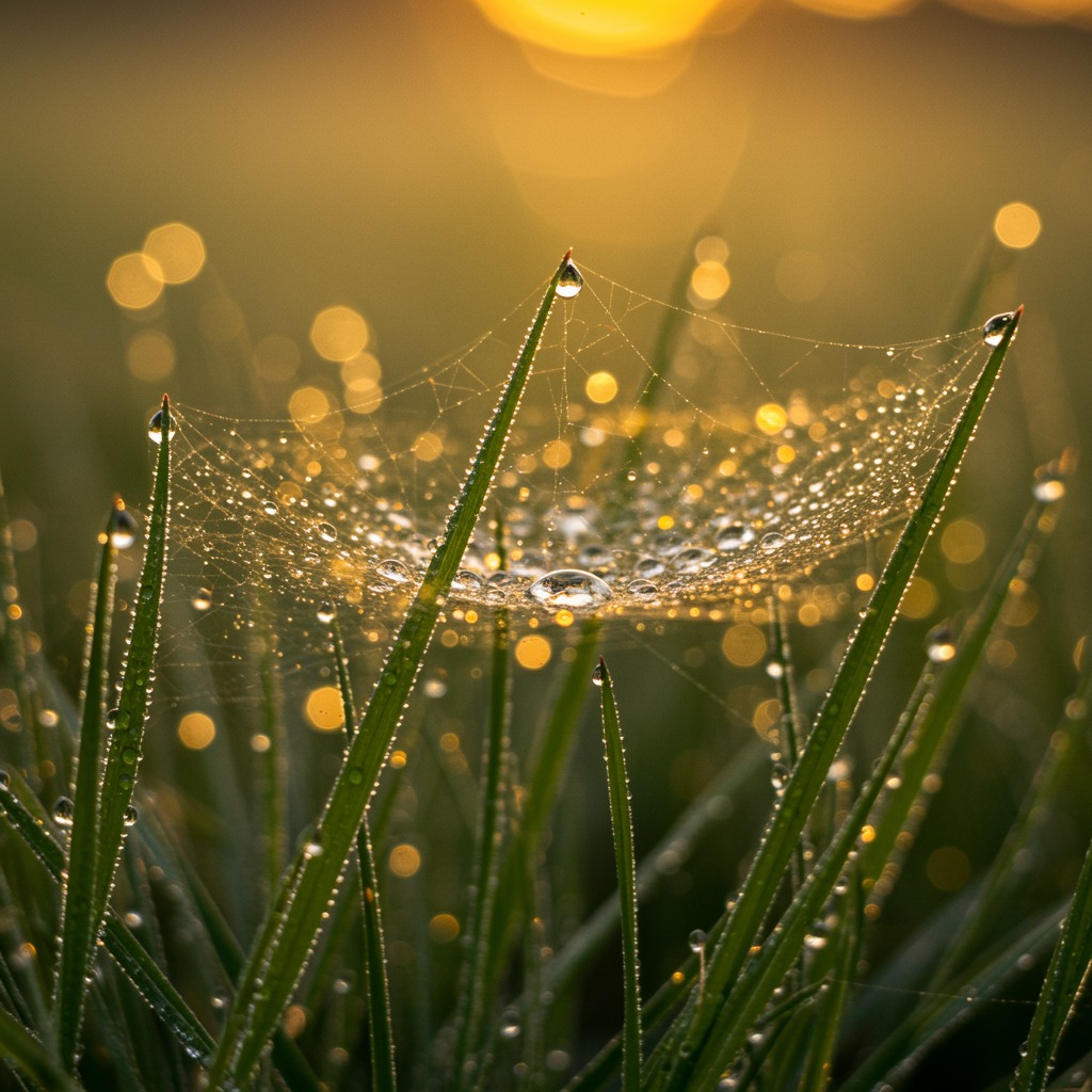 Dewdrops on a spider's web glistening in golden sunrise light