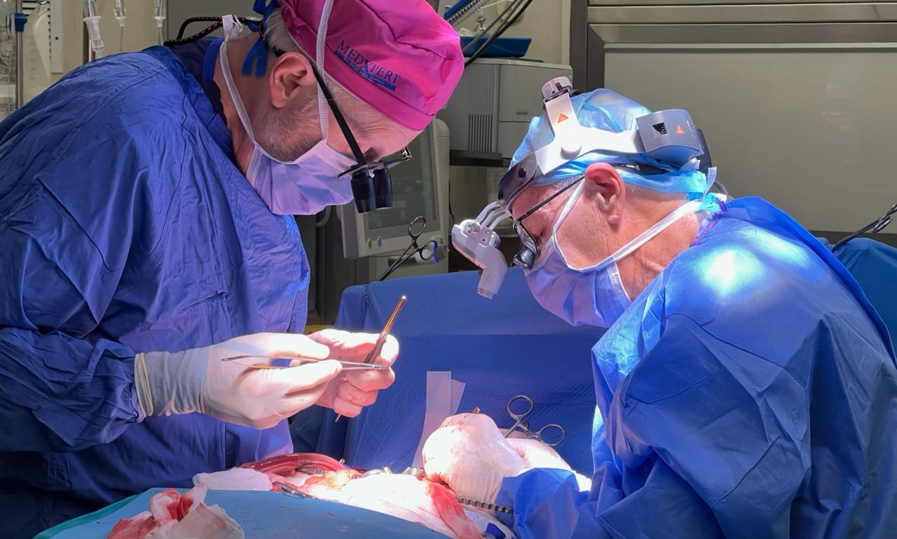 Two surgeons operating together under bright theatre lights