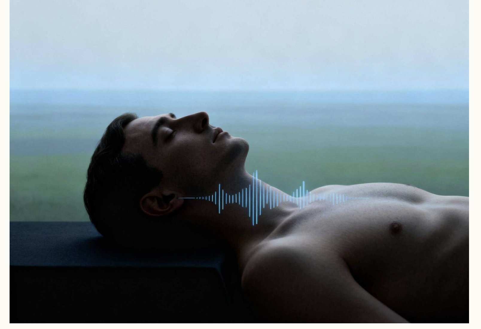 Relaxed figure lying back with gentle soundwave lines emanating from the throat