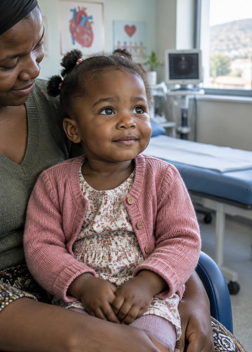 A young girl sitting safely with her mother in a pediatric cardiac clinic