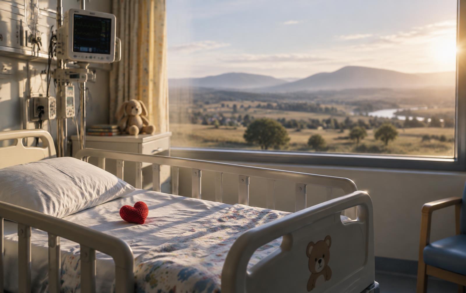 An empty child’s hospital bed with a knitted heart and a distant rural landscape