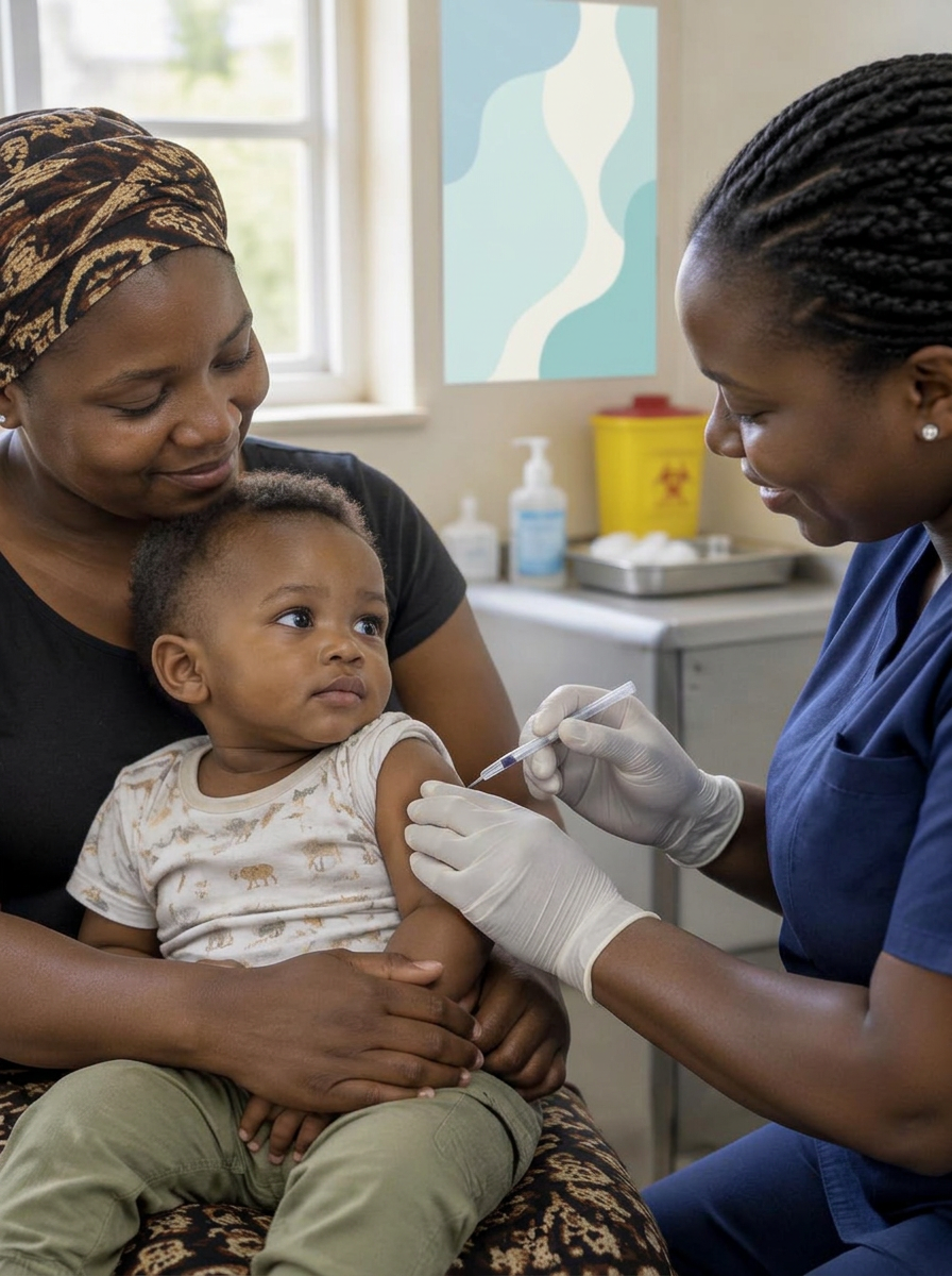 A mother holding her toddler while a nurse gently gives a childhood vaccination at a clinic