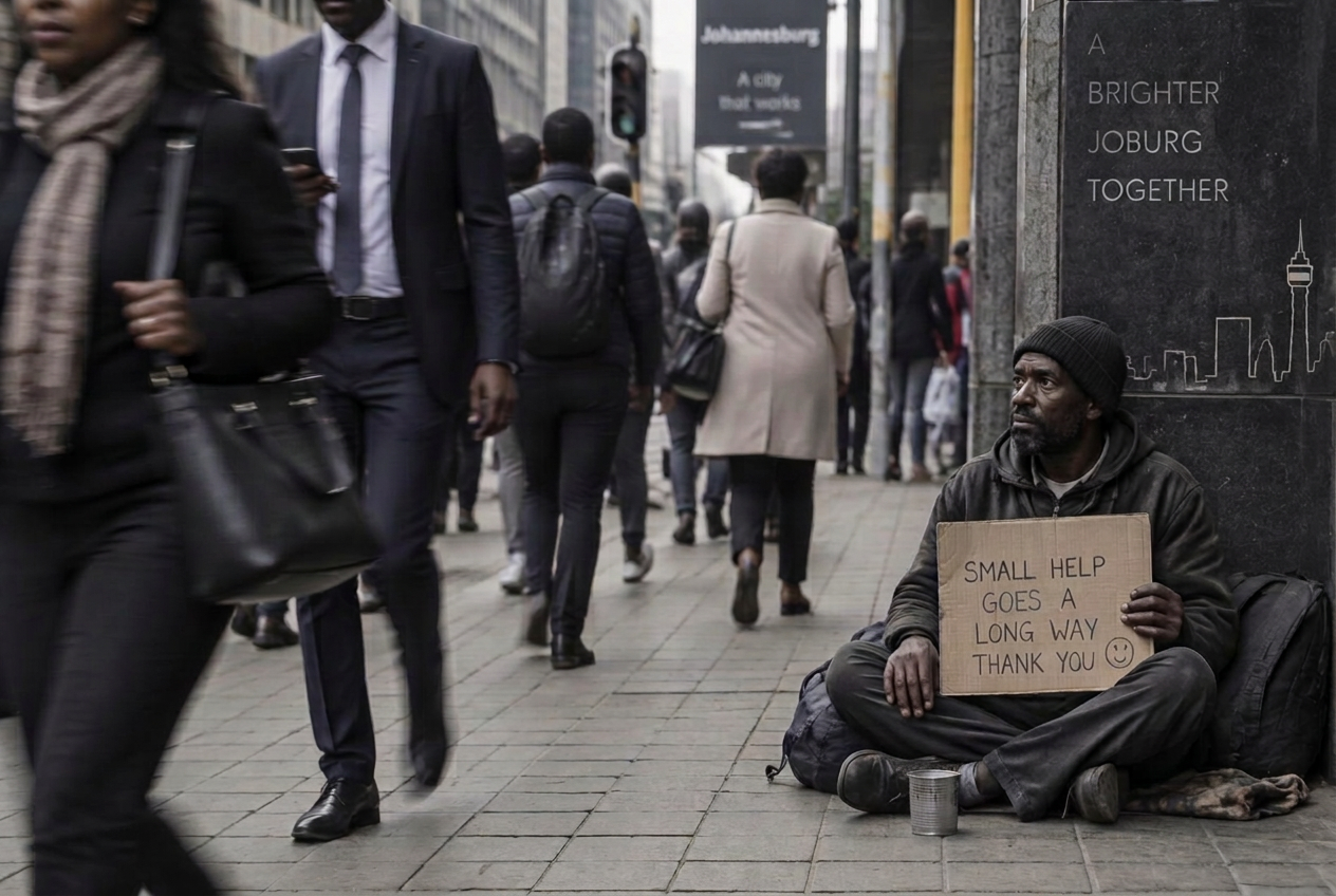 Pedestrians walking past a seated homeless man holding a cardboard sign on a Johannesburg pavement