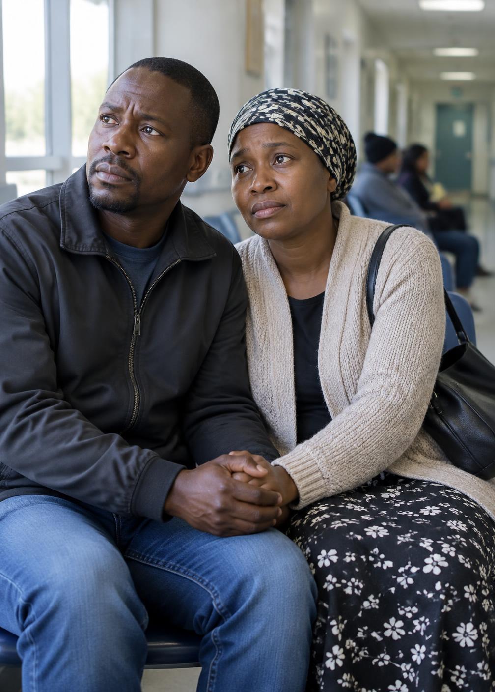 Parents waiting together in a hospital corridor for news about their child