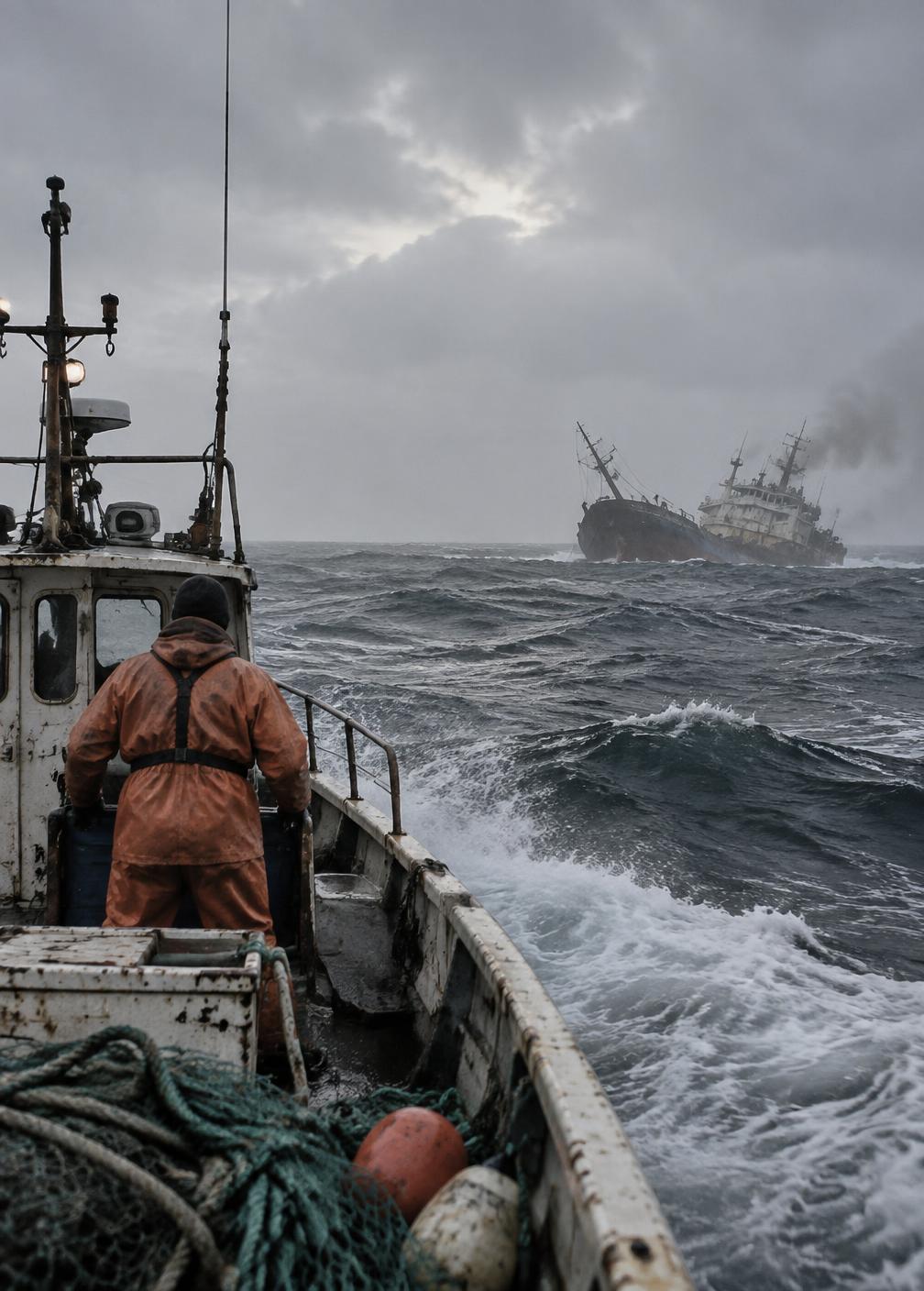Fishermen reaching from one boat toward another vessel in distress