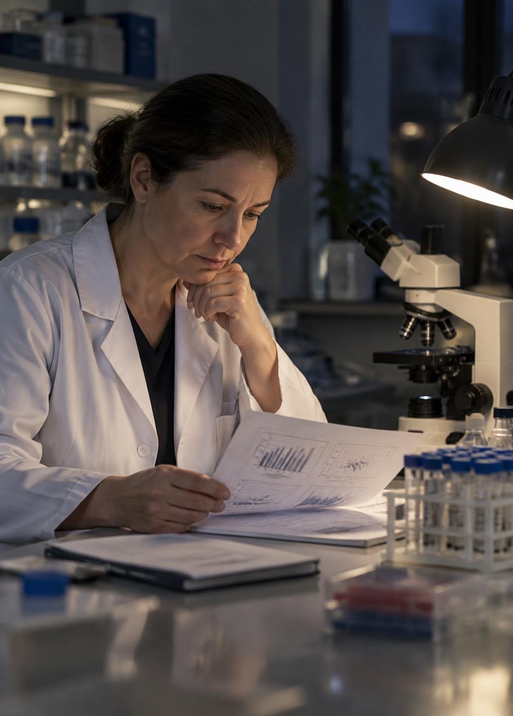 A scientist at a laboratory bench carefully studying printed data beside a microscope