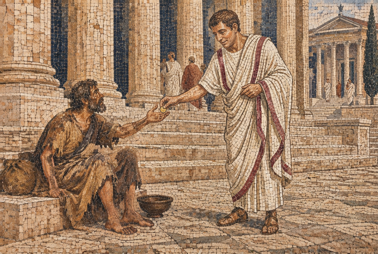 Roman mosaic of a man in a toga handing a coin to a beggar seated on temple steps
