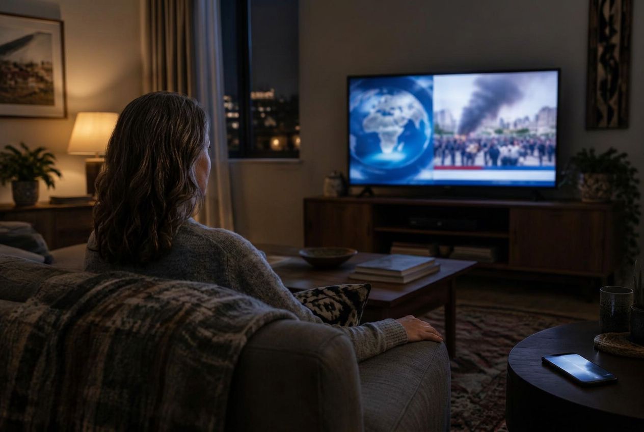 A middle-aged woman watching distant world events on television from a darkened living room