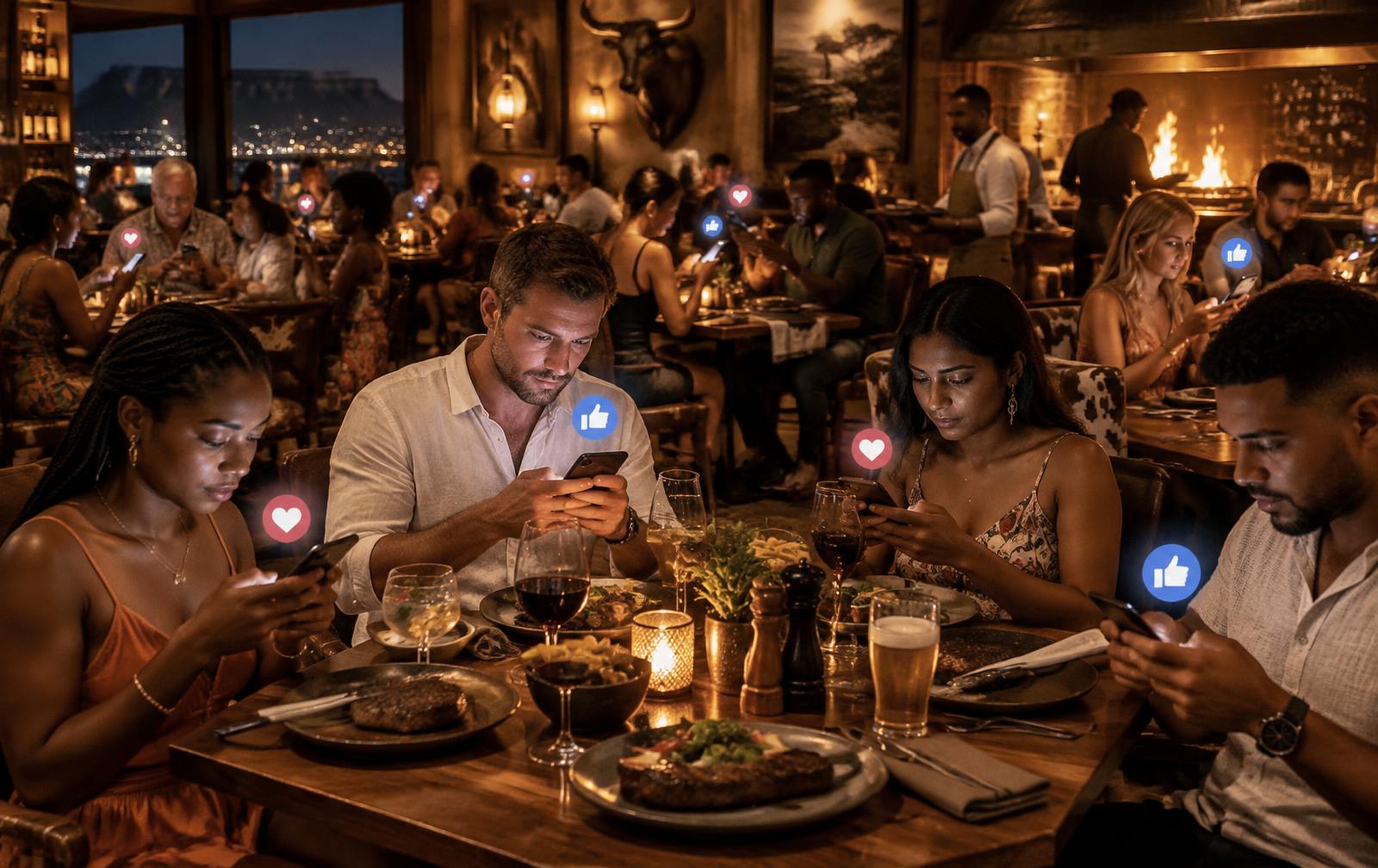A diverse group of diners in summer clothing at a South African steakhouse, all absorbed in their phones