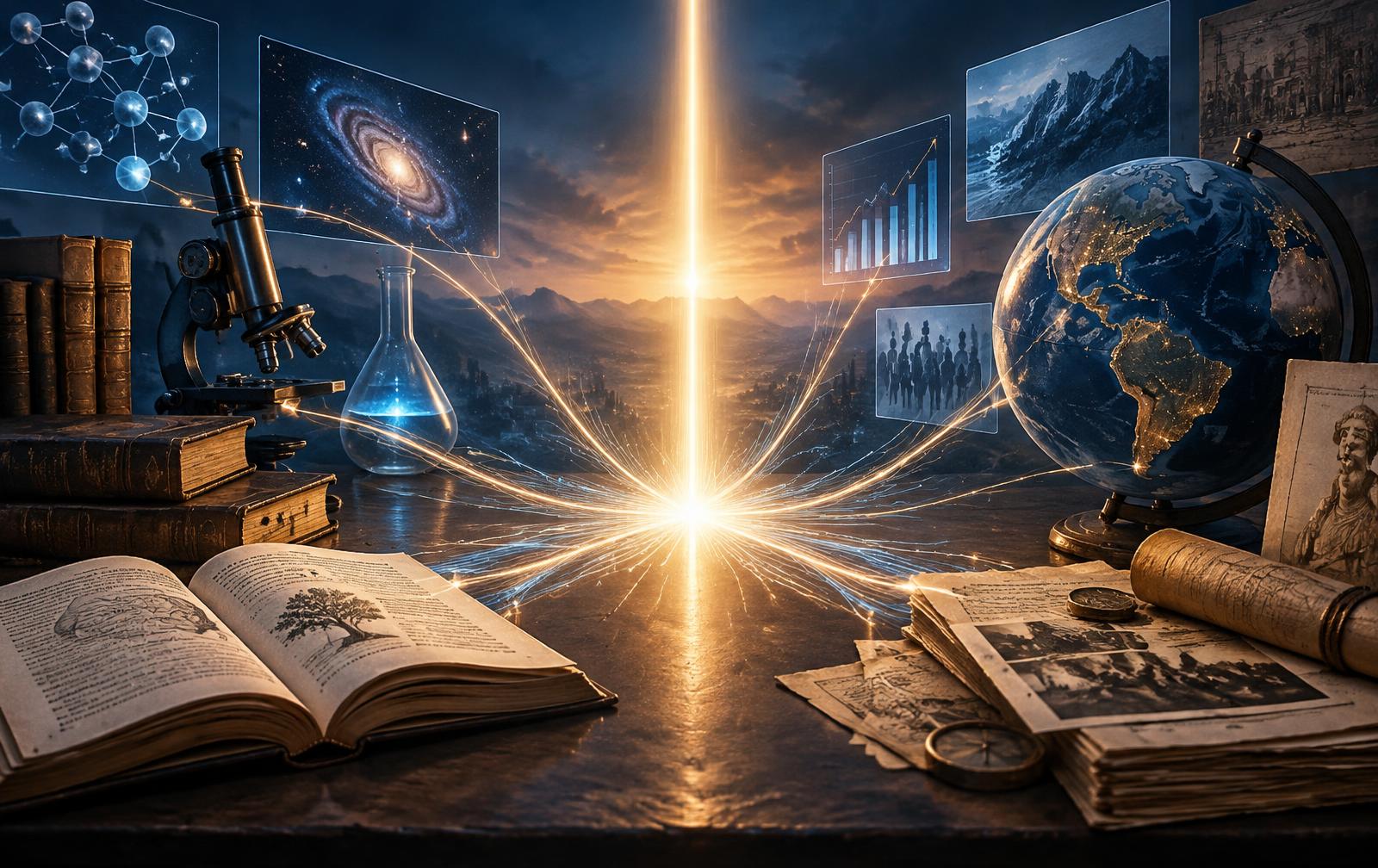 Conceptual image of truth: streams of light from books, data, science and archives converging into one bright point