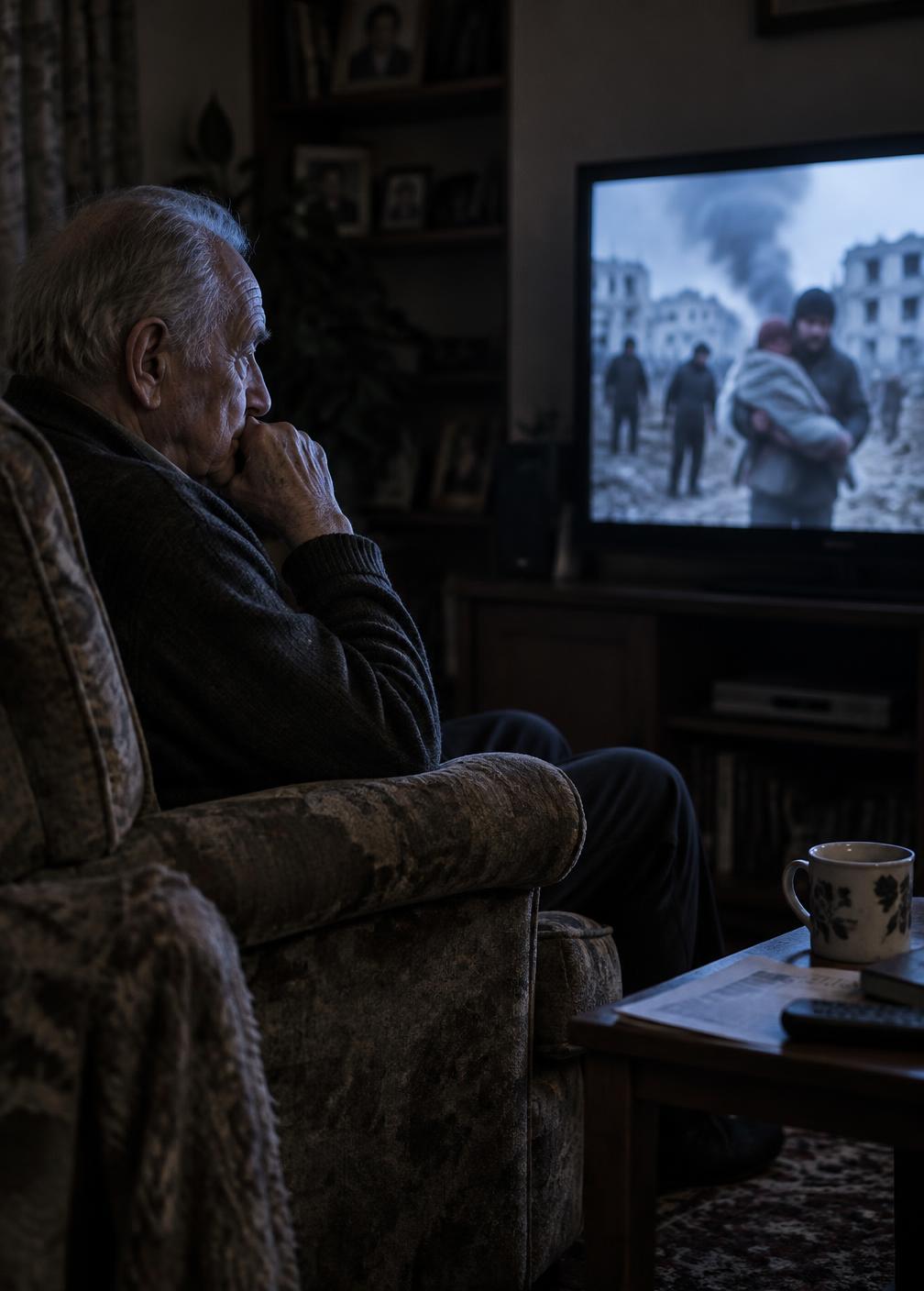 An elderly man in a dim living room watching news footage of conflict on television